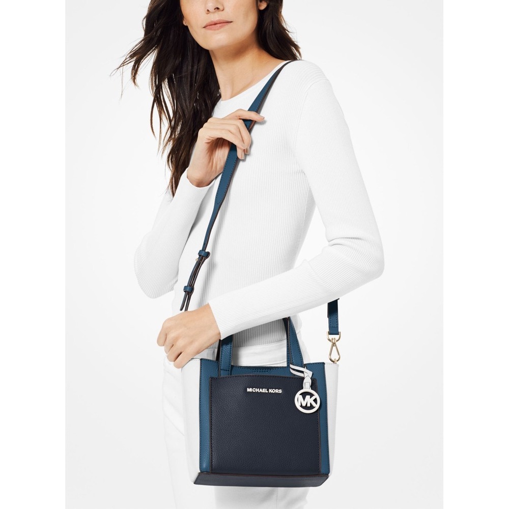 Michael Kors Gemma Small Satchel Navy Blue White Leather Crossbody NWT